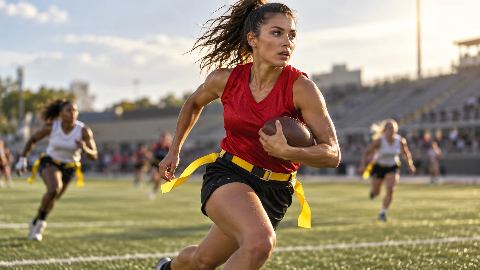 Flag football athlete running with the ball