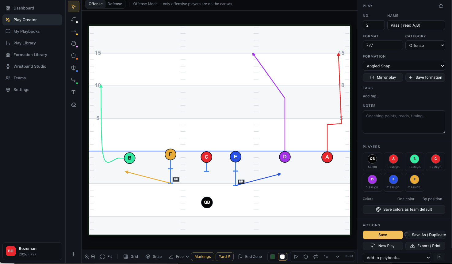 FLAGPLAYS Play Creator showing an angled-snap formation, color-coded routes, and block-and-release assignments
