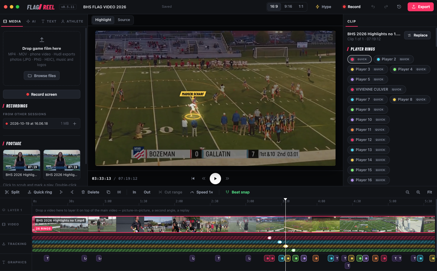 FLAGREEL video editor showing a player spotlight ring on flag football game footage