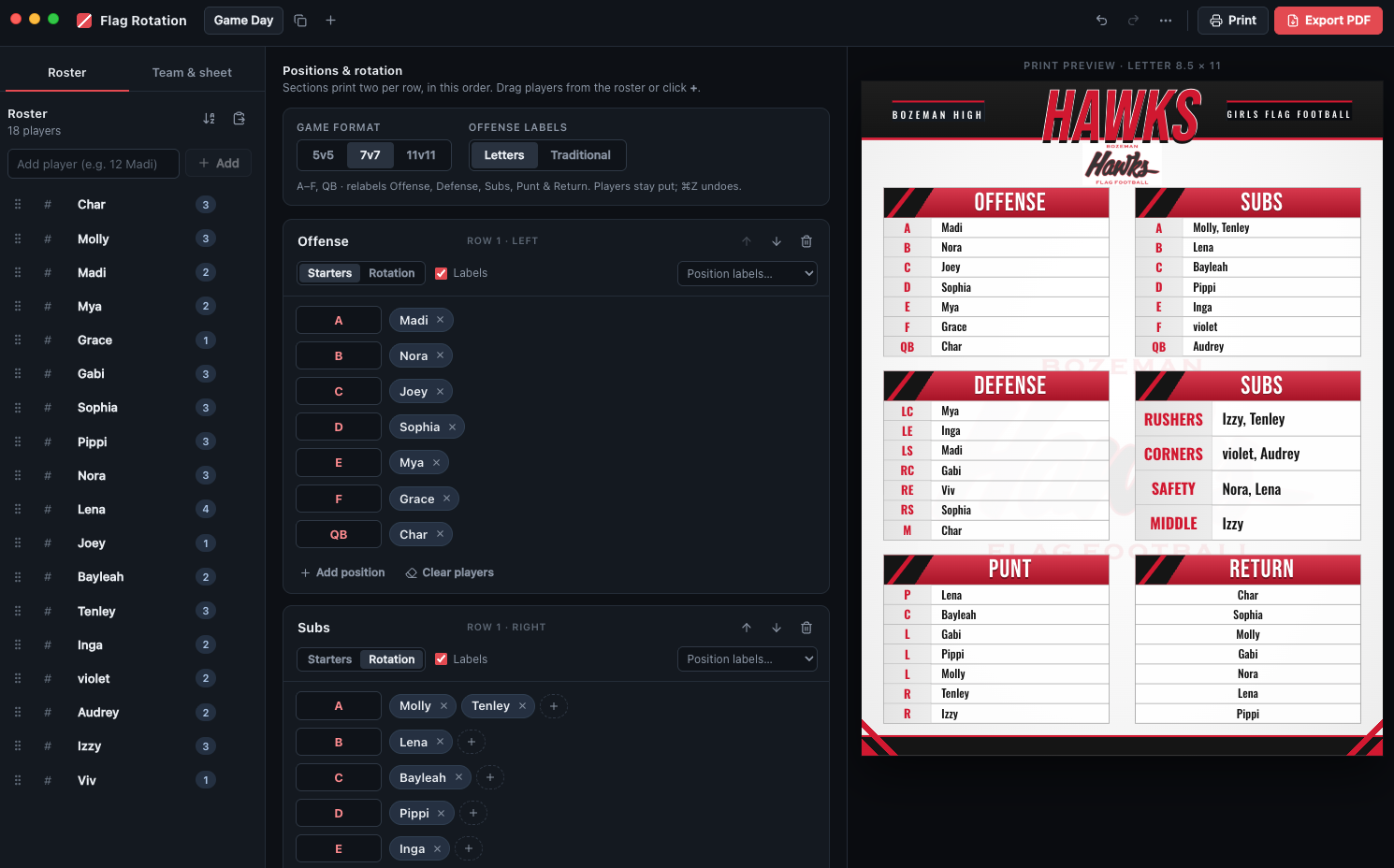 FLAGROTATION app showing a player roster, starting lineup, substitution assignments, and printable game-day sheet